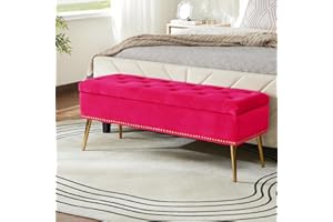 HULALA HOME Modern Velvet Storage Ottoman Bench with Gold Base & Nailhead Trim, Upholstered Bedroom Bench for End of Bed, Button-Tufted Footstool for Entryway Living Room Dining Room, Fuchsia