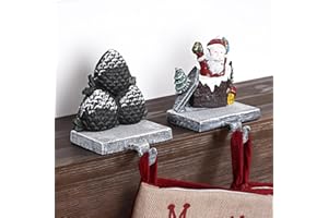 TECANA 3D Christmas Stocking Holders for Mantle Set of 2 - Heavy Duty Cast Iron Stocking Hangers for Mantel | Santa Claus Stocking Hooks | Pinecone-Shaped Fireplace Stocking Holders