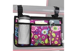 HSGEZUOQI Wheelchair Side Bag, Upgrade Flower Color Wheelchair Armrest Storage Pouch with Cup Holder and Reflective Strip for Most Wheelchairs, Walkers and Rollators (Purple Butterfly)
