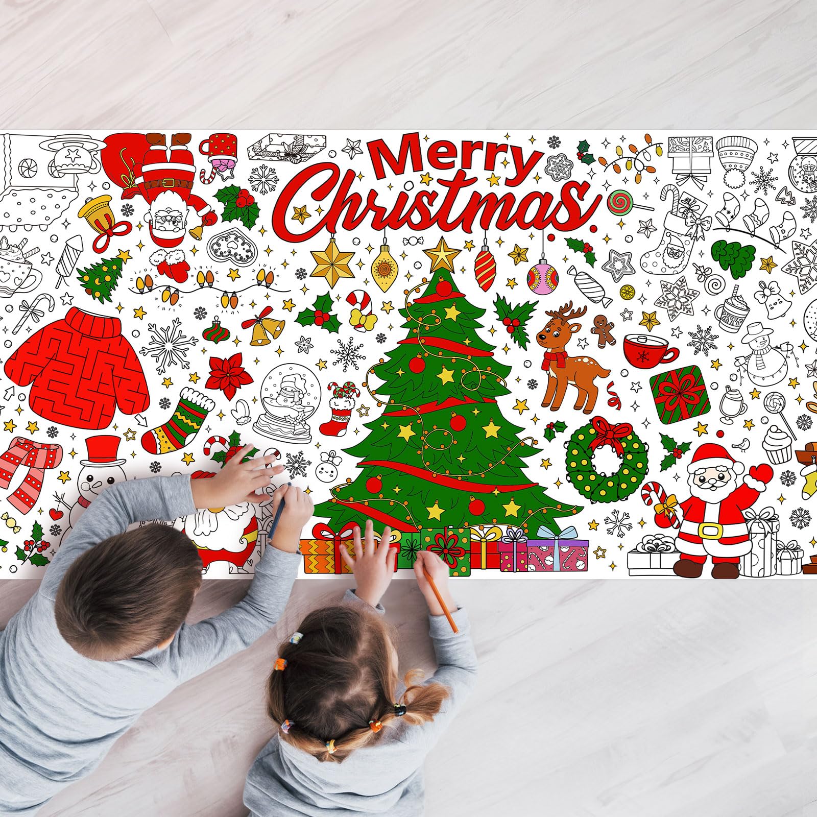 Christmas Giant Coloring Poster/Tablecloth, 30 x 72 Inch Christmas Crafts for Kids Jumbo Xmas Paper Banner Kids Games Activities,Coloring Tablecloth Crafts for Classroom Wall School Home Parties