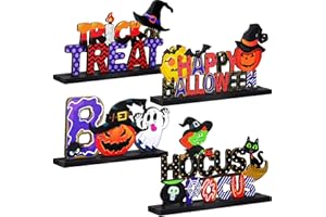 YALIKOP 4 Pieces Happy Halloween Wooden Centerpiece Signs Halloween Table Decorations Happy Halloween Table Toppers with Witch Pumpkin Decor Halloween Decorations for Home Classroom Kitchen, 9 x 5 Inches