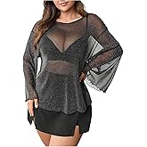 Milumia Women's Plus Size Glitter Bell Sleeve Mesh Top Flare Long Sleeve Going Out Tee