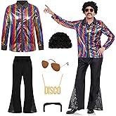 Rayekrot Men's 70s Disco Outfit Costume Set Retro Bell Bottom Shirts Wigs Necklace Mustache Sunglasses for Halloween Party