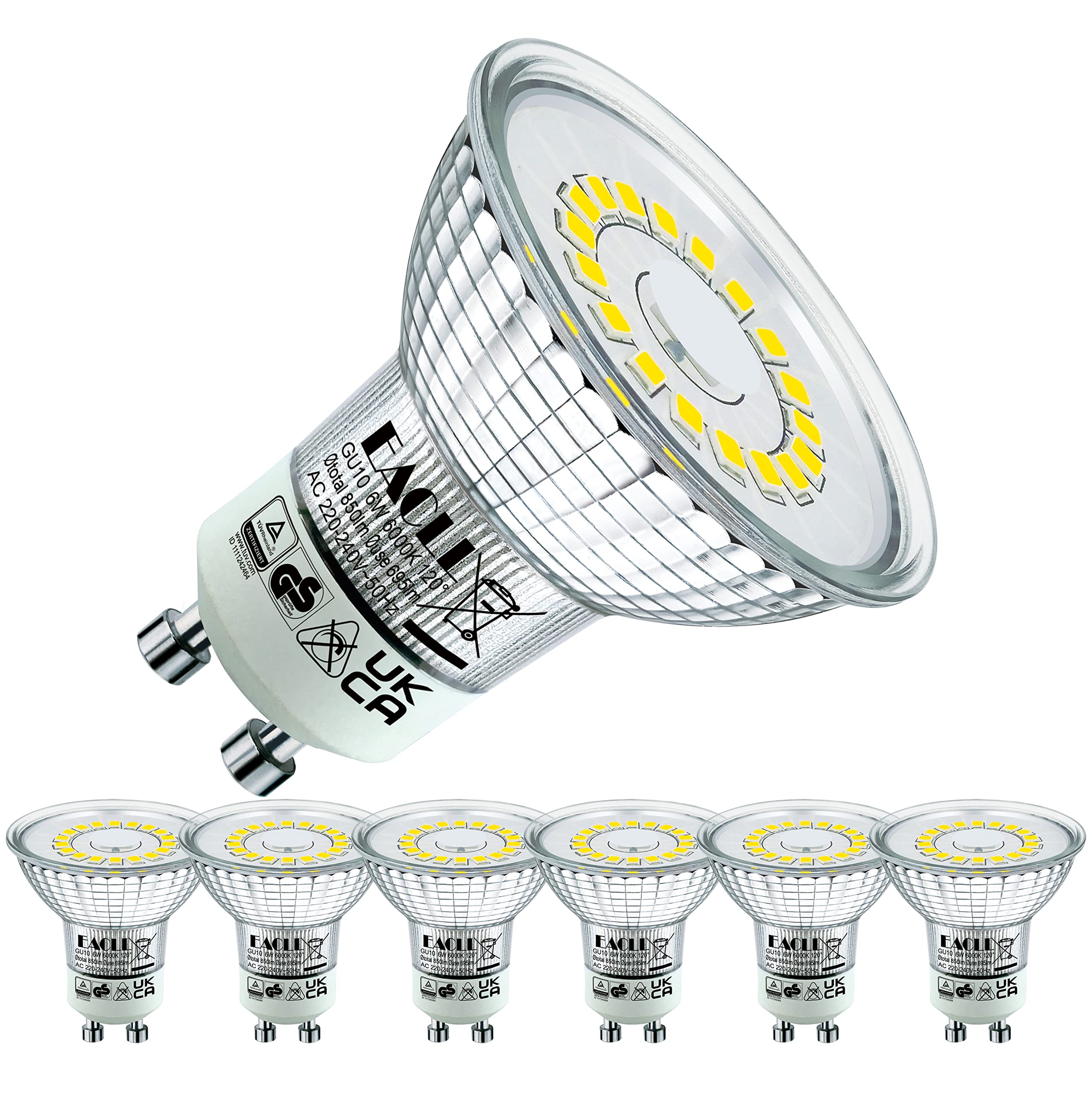 EACLL GU10 LED Bulb Cool White 6W Equivalent 90W Halogen, 6-Pack, 850 Lumens 6000K, AC 230V No Flicker Spotlight, Wide Beam 120°, Non-Dimmable Reflector Lamp
