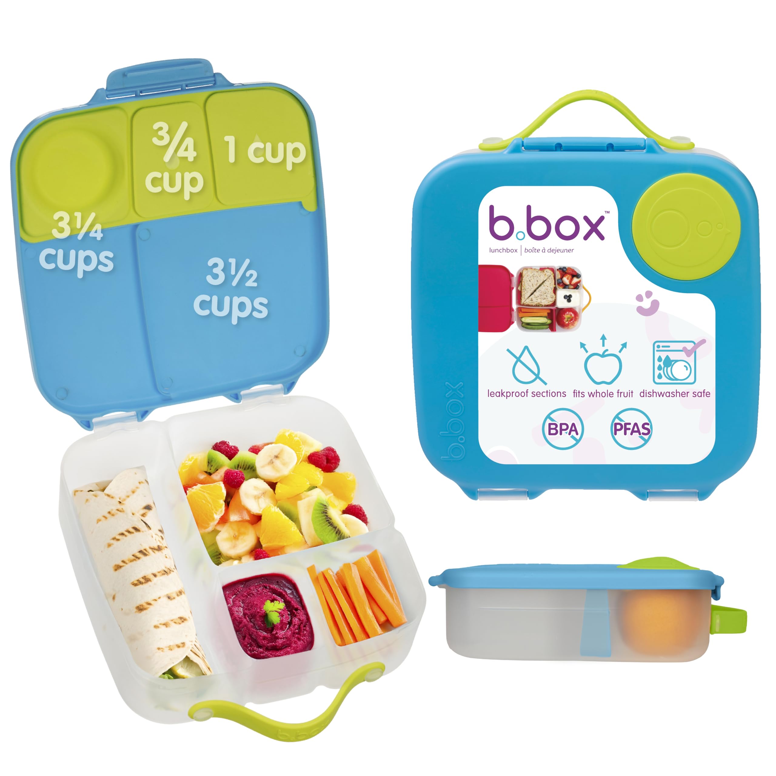 b.box Lunchbox | Large Bento Box with 4 Compartments (2 Leakproof), Removable Divider, Gel Cold Pack | Ideal for School | from 3+ | 2L Capacity