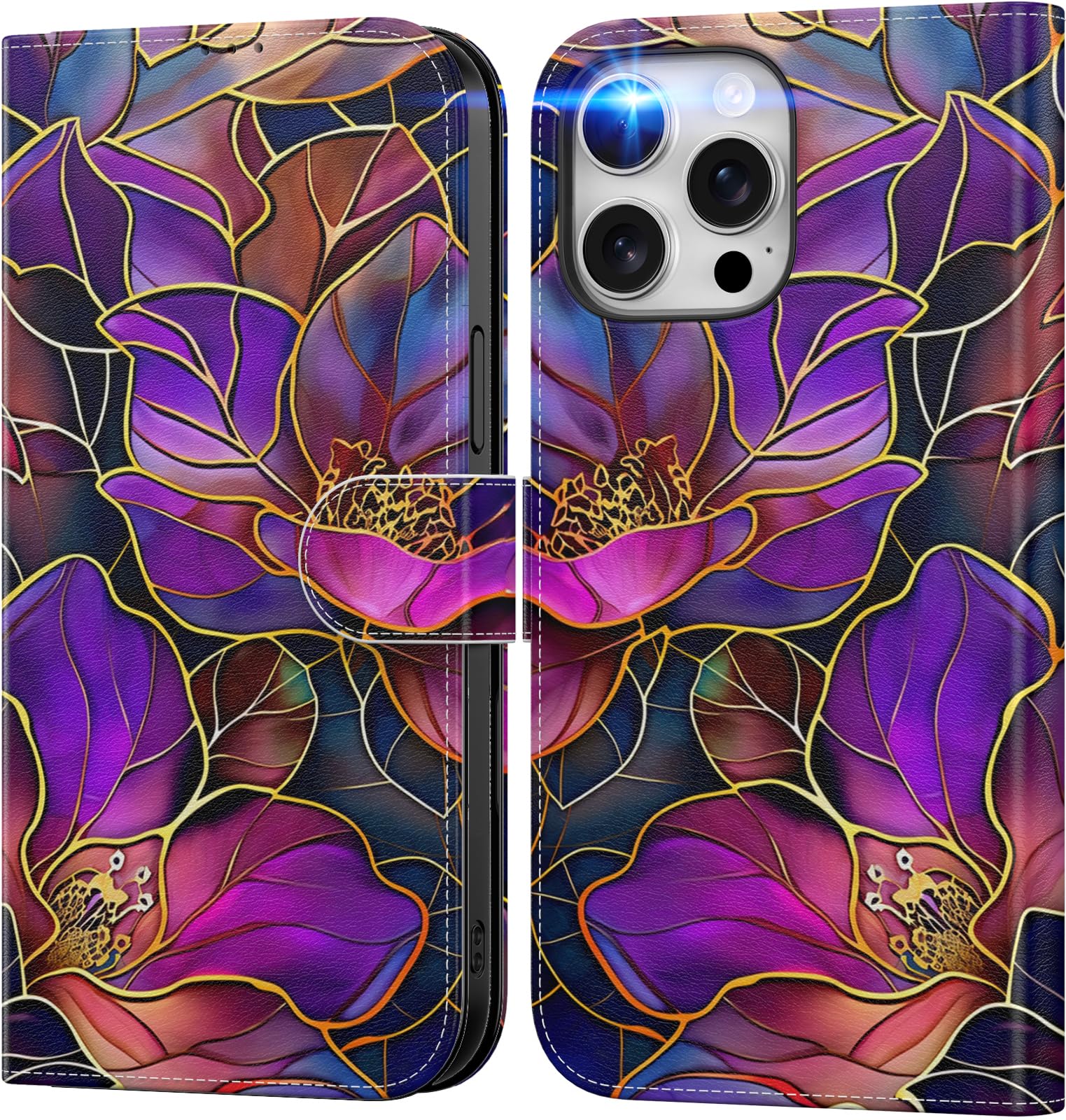 Photo 1 of DEENAKIN for iPhone 14 Pro Wallet Case with Card Holder + Cash Clip, RFID-Blocking, Military-Grade Drop Protection & UV-Printed Artwork, Magnetic Closure with Leather Stand - Blooming Purple Flowers