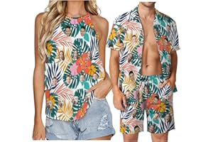 Wasetell Personalized Face Matching Hawaiian Outfits for Couples Mens Tropical Floral Shirt Set Women Long Dress Tank Top