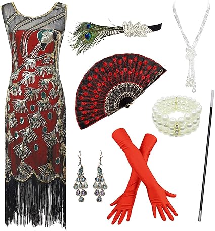 1920s Vintage Peacock Sequined Dress Fringed Flapper Roaring 20s Dress w/Accessories Set (M, Red 