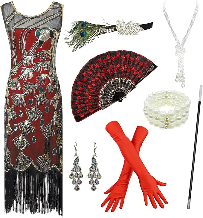 1920s Vintage Peacock Sequined Dress Fringed Flapper Roaring 20s Dress w/Accessories Set (M, Red 