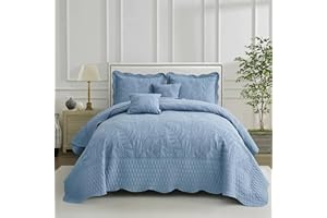 DaisyHuang Botanical Oversized Bedspread King Size - Leaves Pattern Stitching Quilt Set - Elegant & Fresh Style Bedding Coverlets, Reversible, Lightweight, 5 Piece, Ashley Blue