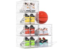 PRAKI Large Shoe Storage Boxes Organizer for Closet with Magnetic Door, 6 Pack Clear Stackable Shoe box for entryway, Space Saving Shoe Rack for Sneaker Boot Containers, 13.6 x 10.6 x 7.5 Inches