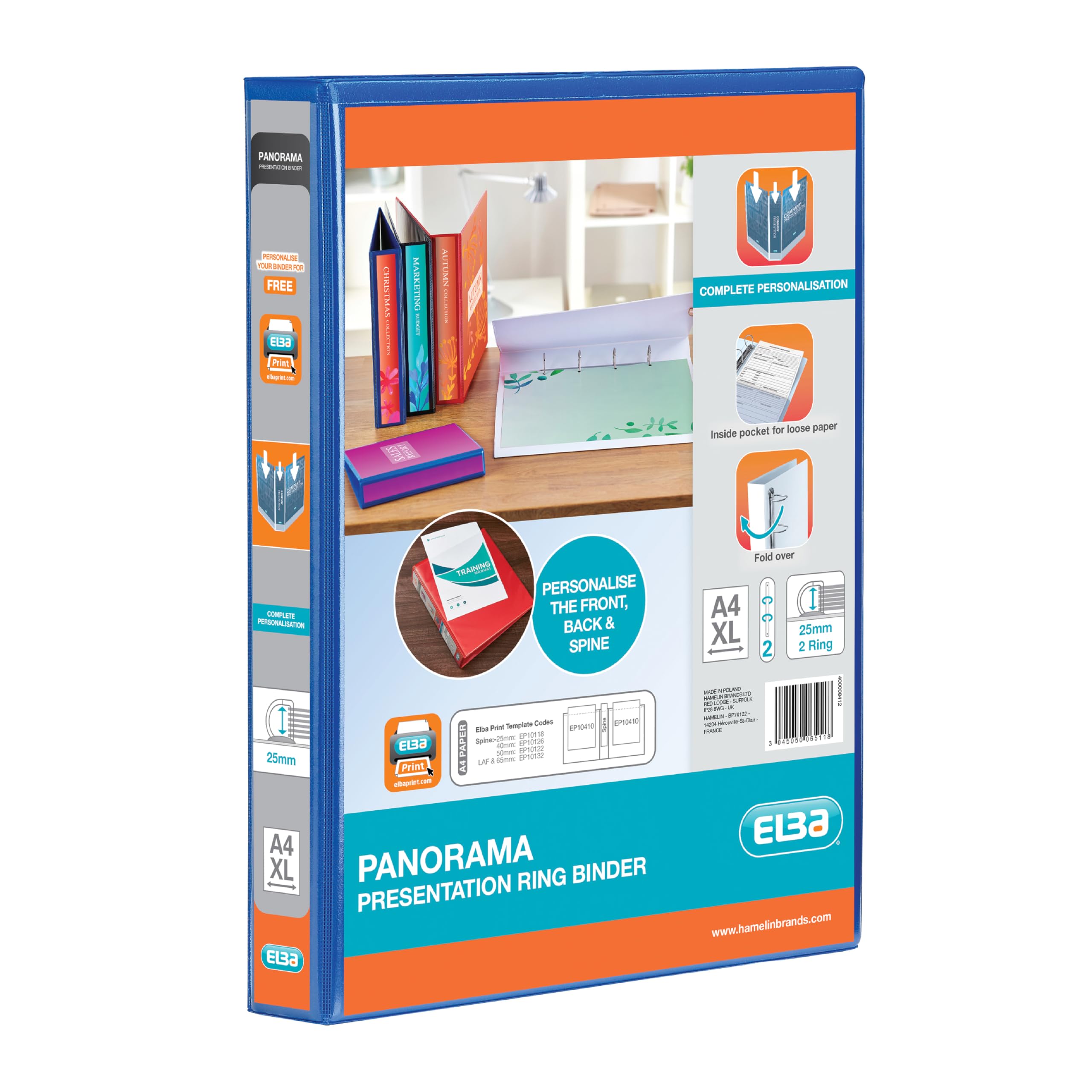 Elba A4 2 D-Ring Binder, 25mm capacity, 40mm spine, Presentation Folder with Customisable Cover, Portrait, Blue (Single)