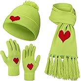 Shyyween Set of 3 Lime Green Beanie Hat Scarf Gloves Cosplay Set Heart Embroidery Warm Winter Knit Cap Christmas Holiday Gifts