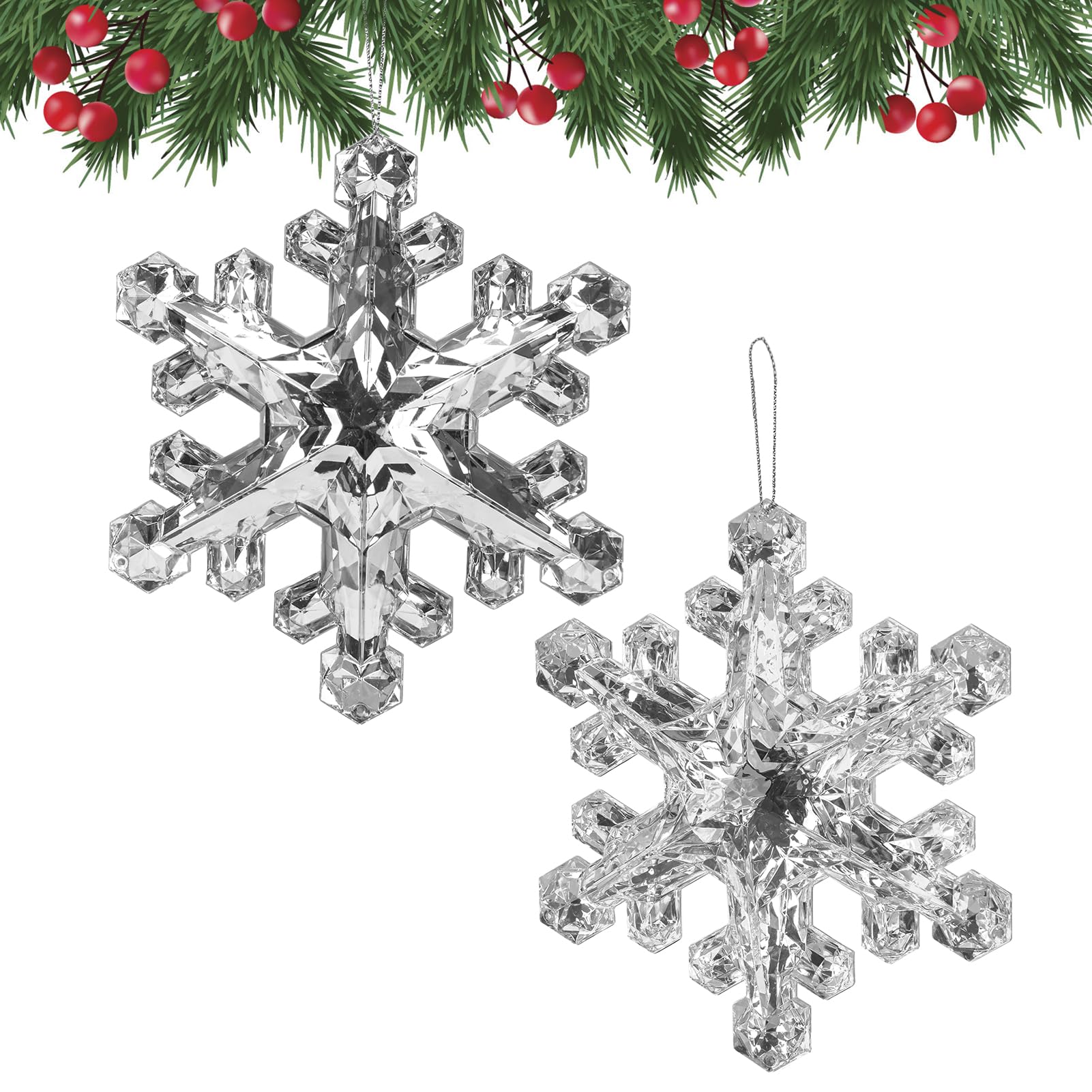 SPEPLA 2 PCS 3D White Snowflake Ornaments Decor for Christmas, Large Hanging Acrylic Snowflakes Decorations for Xmas Tree Winter Wonderland New Year Party