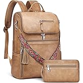 SYTRAH Leather Laptop Backpack for Women Designer Laptop Bag, 16.5 inch Travel Computer Backpacks Purse with Tassel for Work Business with Satchel Purse Camel Brown