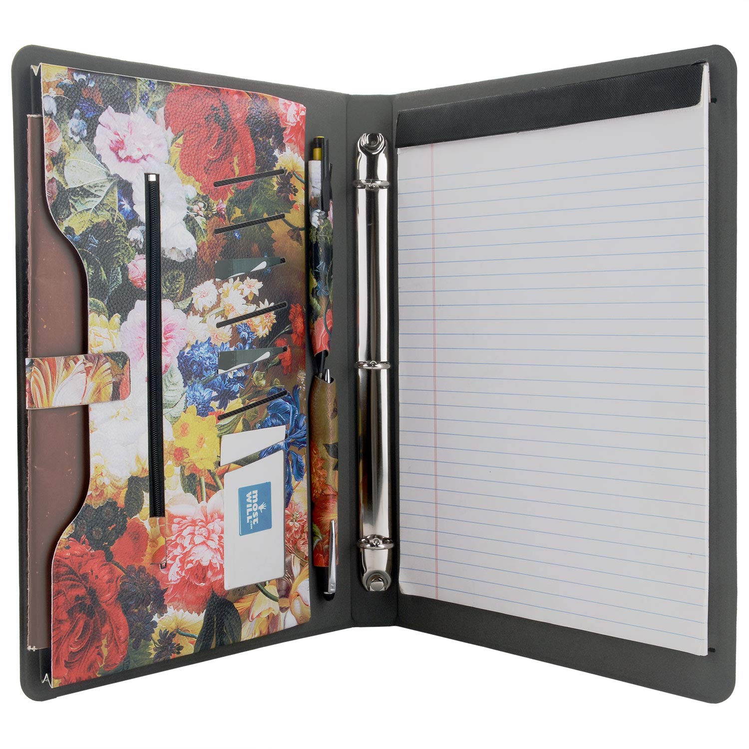 XIAOZHI 3-Ring Binder Portfolio Case, Floral Painting PU Leather Binder Padfolio, Business Planner Organizer with Notepad Holder, Red, 9.5x9.5x12.8 in. (WMQ027-Red)