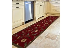 OTTOMANSON Machine Washable Floral Leaves Design Non-Slip Rubberback 2x7 Traditional Runner Rug for Hallway, Kitchen, Bedroom, Living Room, 1'10" x 7', Red