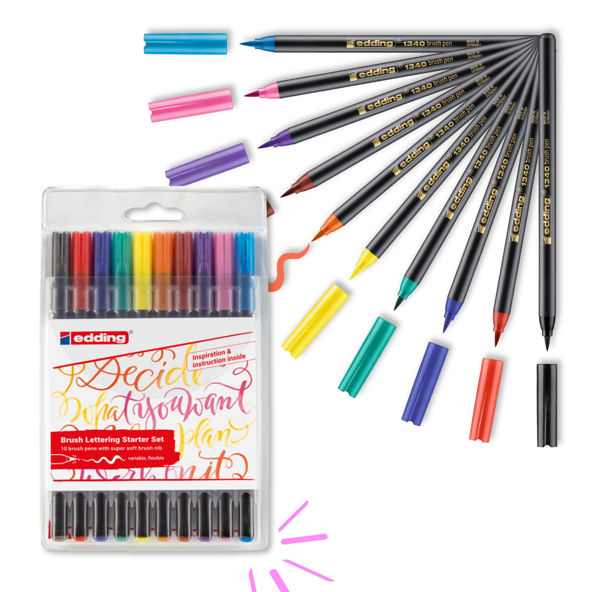 edding 1340 brush pen - set of 10 - colourful, bright, delicate colours - flexible brush nib - felt-nib pen for painting, writing and drawing - bullet journals, hand lettering, mandalas, calligraphy