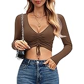 BESTPOEM Sexy Long Sleeve Crop Top for Womens Valentine's Day Deep V Neck T Shirt Adjustable Ruched Cotton Tee Tops