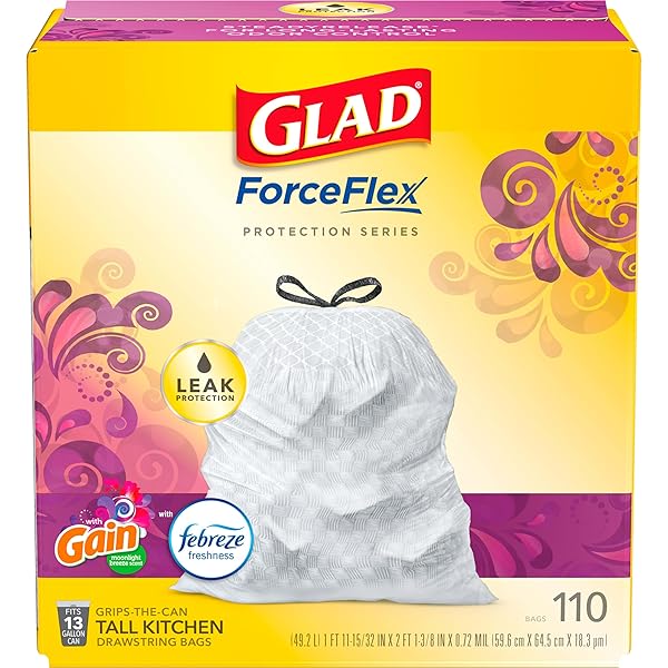 GLAD TRASH & FOOD STORAGE FORCEFLEX PROTECTION SERIES TALL TRASH BAGS, 13 GAL, GAIN MOONLIGHT BREEZE WITH FEBREZE, 110 CT (PACKAGE MAY VARY), WHITE (79261)