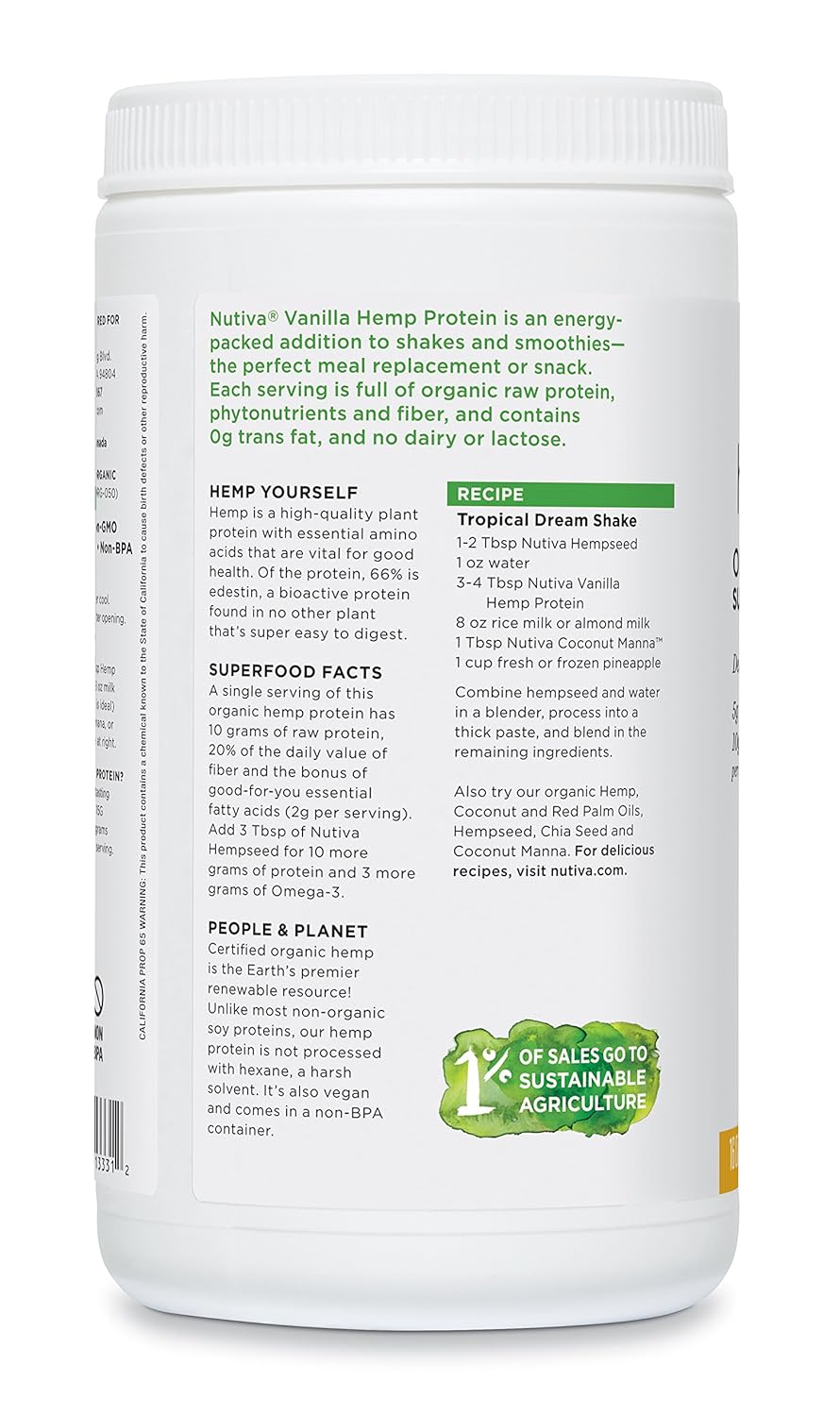 Nutiva Organic Cold-Pressed Hemp Seed Protein Powder, Vanilla, 16 Ounce: Grocery & Gourmet Food