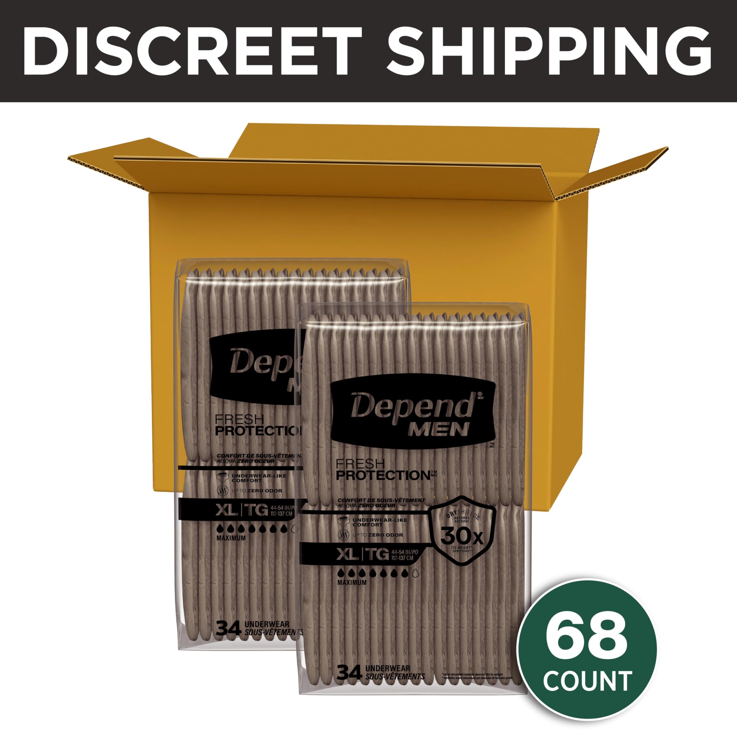 Condition photo showing New/Like New for depend fresh protection adult diapers, incontinence underwear for men, disposable, maximum, extra-large, grey, 68 count (2 packs of 34), packaging may vary