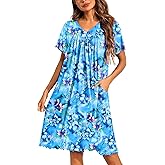 Ekouaer Nightgowns for Women Short Sleeve House Dress with Pockets Pleated Soft Moomoo V Neck Sleepwear