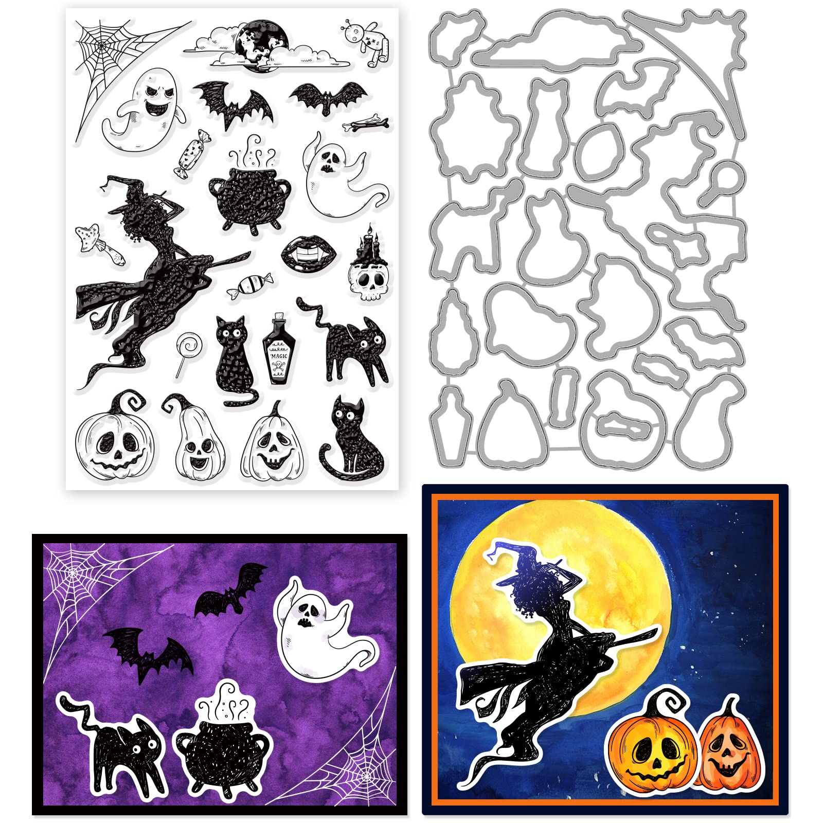 ORIGACH Halloween Themed Clear Stamps and Dies Set for Card Making Halloween Witch Pumpkin Ghost Black Cat Silicone Stamps Cutting Dies for DIY Scrapbooking Craft Greeting Card Decor
