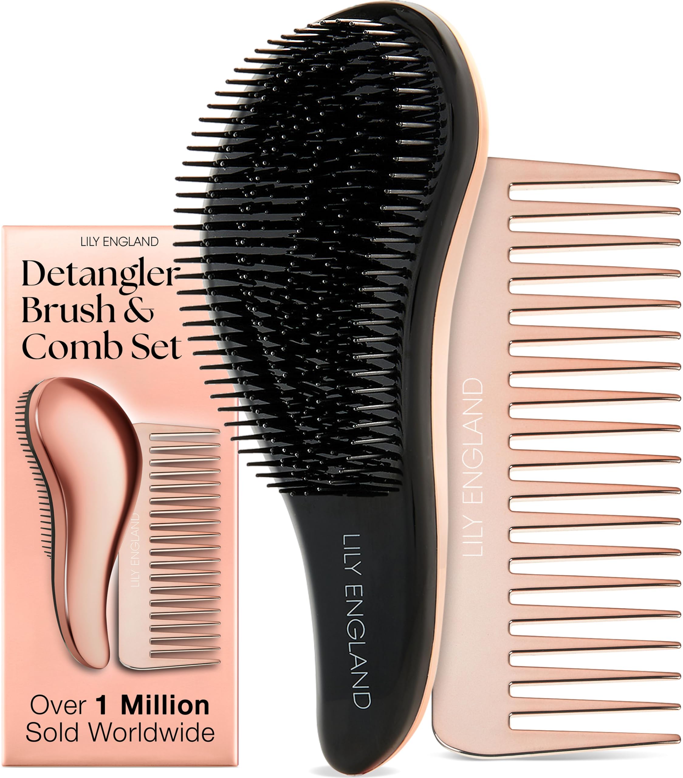 Lily England Detangle Hair Brush with a Additional Comb - Lightweight Detangler for Women, Kids & Toddlers with Flexible Bristles - Attractive Gift Set for Women with All Hair Types, Rose Gold