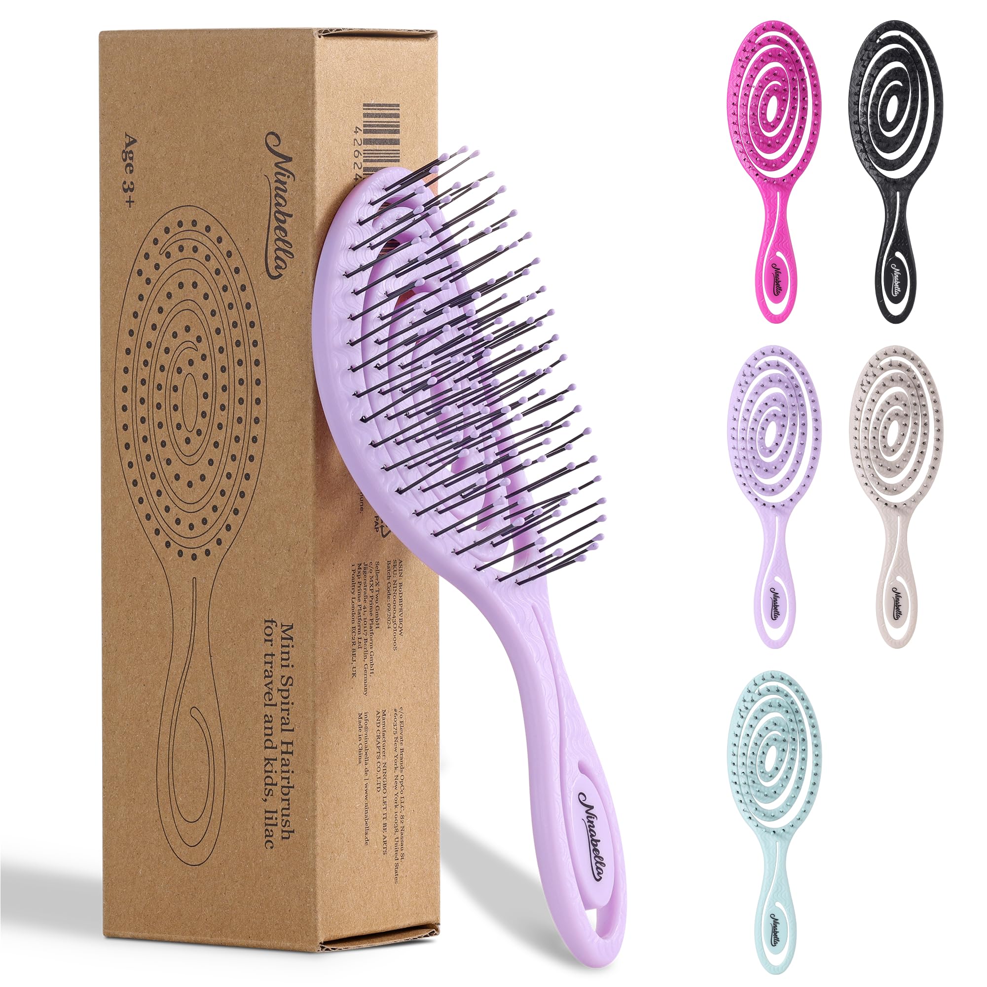 Ninabella Mini Detangling Hair Brush for Women & Men - Does not Pull, Removes Tangles, Brushes for Straight, Curly & Wet Hair - Unique Spiral Detangle Brush -Perfect for on the go, Lilac