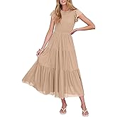 Caracilia Womens Summer Casual Tulle Midi Dresses Ruffle Sleeve Crew Neck Smocked Mesh 2026 Flowy Tiered Wedding Guest Dress