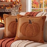 Softalker Fall Throw Pillow Covers 18x18 Set of 2 Rust Orange Pumpkin Plush | Double-Sided Faux Fur Covers with raised large pumpkin 3D embroidery, designed for bedrooms, and cozy fall home decor.