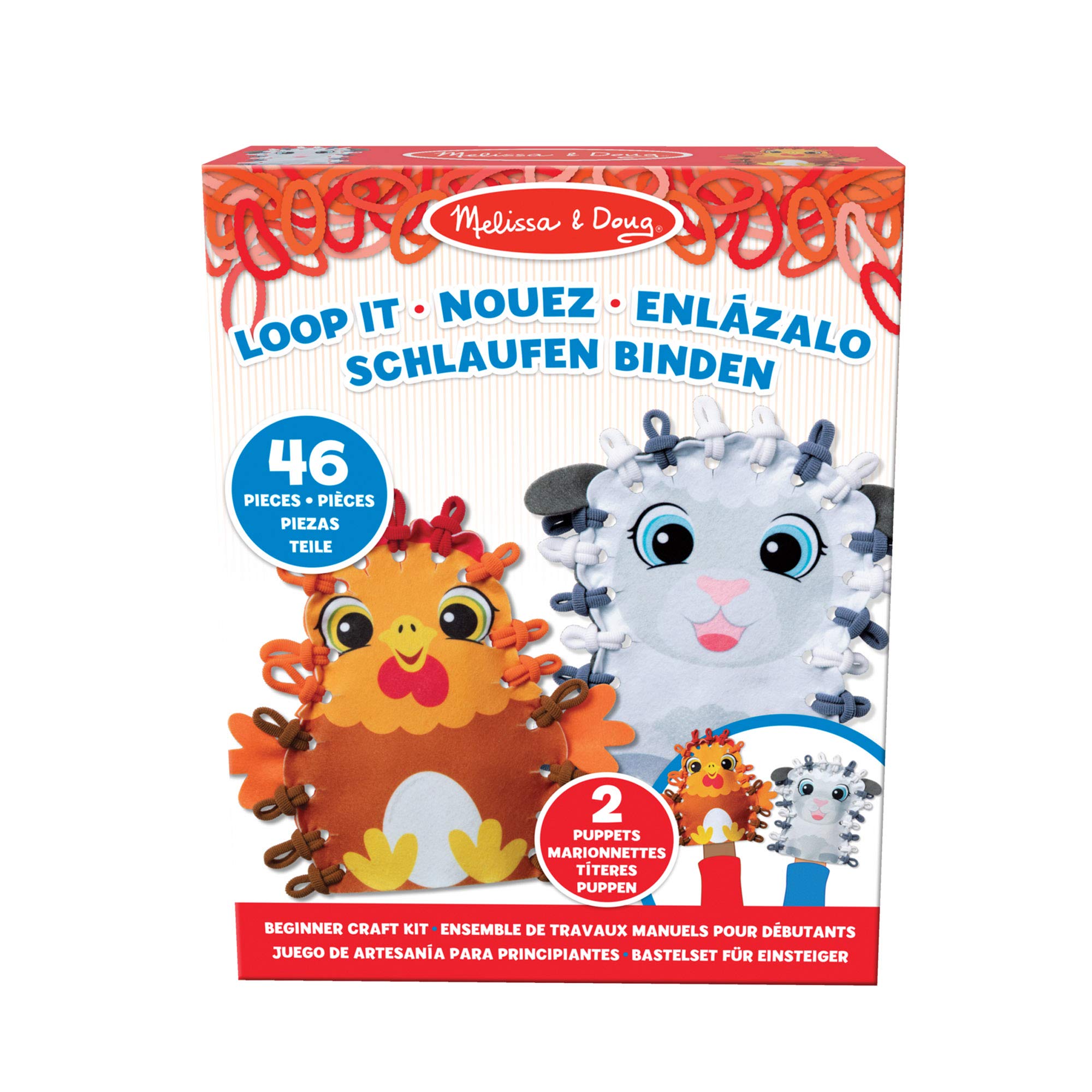 Melissa & Doug Loop It! Farm Puppets Beginner Craft Kit – Chicken and Sheep Felt Hand Puppets, 40 Loops