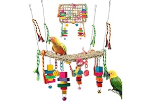 LifeIdeas Bird Swing Toys, Bird Foraging Wall Toys, Seagrass Woven Hammock Swing Mats with Colorful Ropes Wooden Chew Toys for Lovebirds, Parakeets, Conures, Cockatiels
