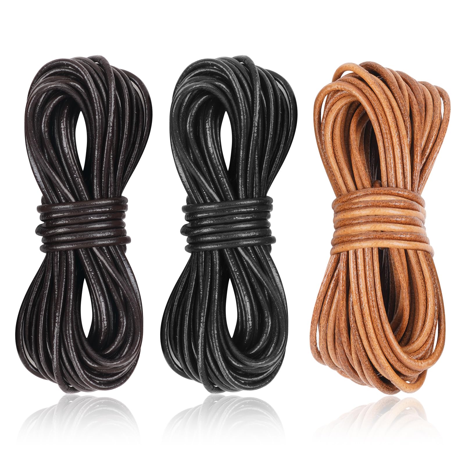 AUAUY 3 Rolls 5M X 2MM Leather Cords, Cowhide Round Leather String for Jewellery Making, Black, Dark Brown, Natural Brown Leather String Cord for Necklaces, Bracelets, Dreamcatcher Making DIY Crafts