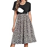 Women's Nursing Dress Summer Short Sleeve Patchwork Pregnancy Clothes with Pockets