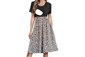 PARNIXS Women's Nursing Dress Summer Short Sleeve Patchwork Pregnancy Clothes with Pockets