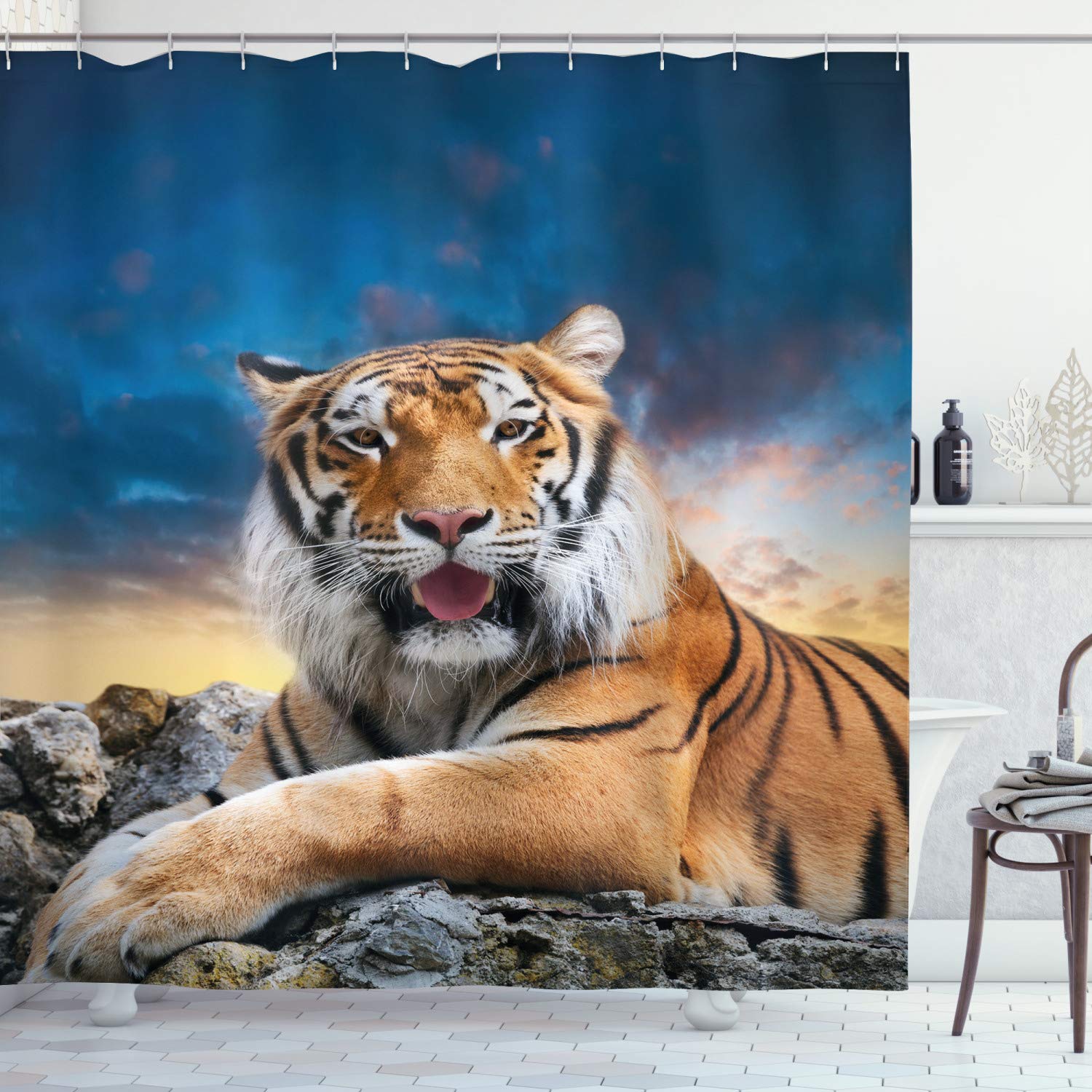 ABAKUHAUS Tiger Shower Curtain, Calm Siberian Large Cat with Sunset Resting on a Boulder Relaxed Beast, Cloth Fabric Bathroom Decor Set with Hooks, 94 Inches, Multicolor