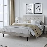 IOILORI Full Size Bed Frame with Upholstered Linen Headboard,No Box Spring Needed, Button Tufting Design, Strong Wooden Slat, Beige