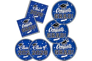 Class of 2026 Graduation Party Supplies - Serve 16 with Blue Graduation Decorations Disposable Paper Plates and Napkins Set, 