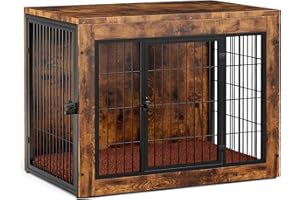 GUNJI Dog Crate Furniture with Cushion, Indoor Dog Kennel with Double Doors, Side End Table Dog Cage, Pet House for Small/Medium/Large Dog, Easy Assemble (Rustic Brown, M(32.7’’x 22.7’’x25.4’’))