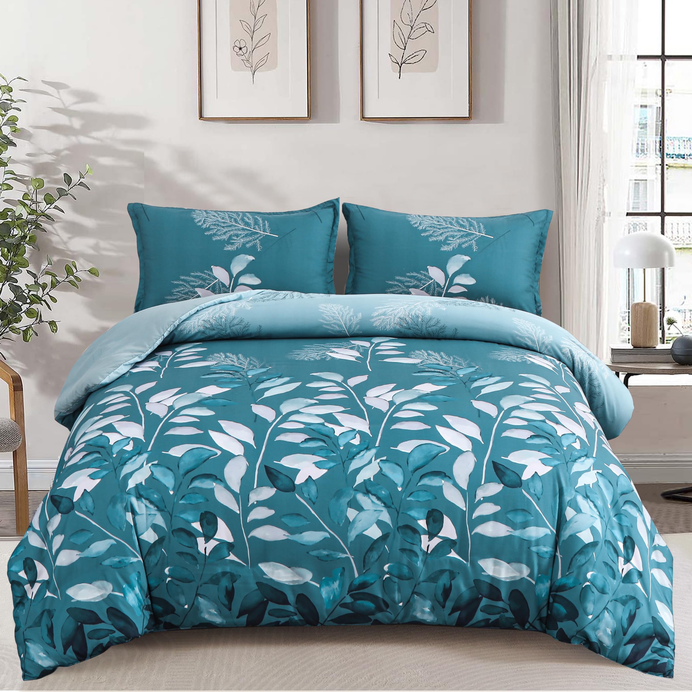 DJY Teal Blue Duvet Cover Double Teal Blue Floral Bedding Set, Reversible Lightweight Leaves Bedding Sets 3pcs with Zipper Closure (Double, 200x200cm)