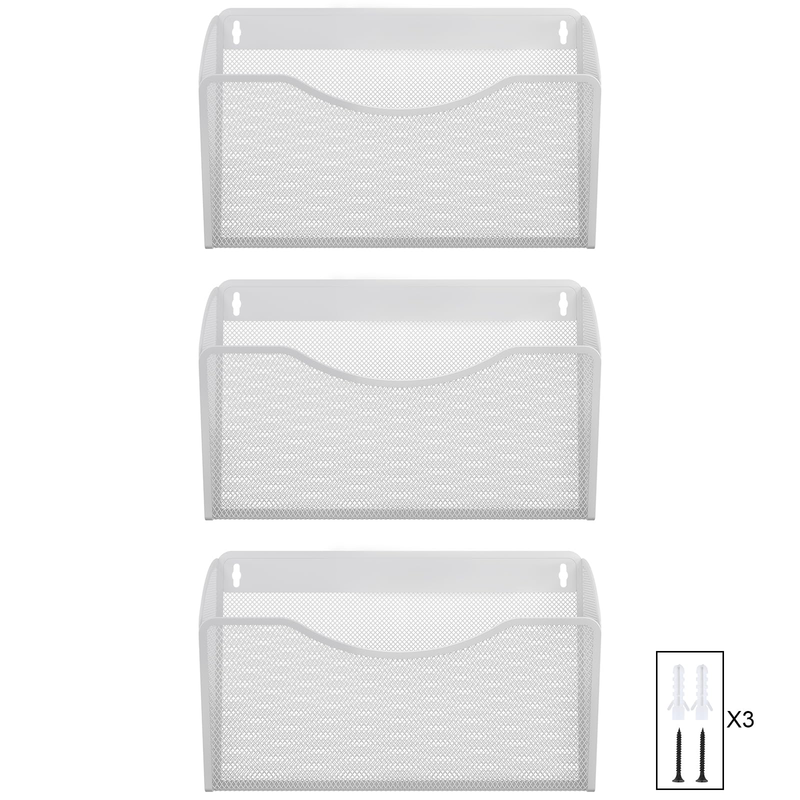 EasyPAG 3 Pocket Landscape A4 Mesh Hanging Wall File Holder Mail Organiser Magazine Storage,Pack of 3,White