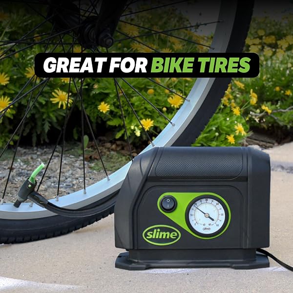 SLIME 40050 TIRE INFLATOR, PORTABLE CAR AIR COMPRESSOR, WITH ANALOG 100 PSI DIAL GAUGE, LONG HOSE AND LED LIGHT, 12V, 8 MIN INFLATION