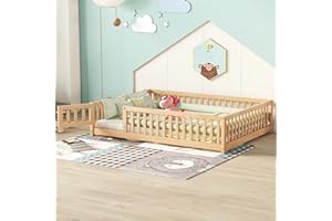 CITYLIGHT Full Size Floor Bed with Rails, Wood Montessori Floor Bed Full with Support Slats, Kids Full Bed Frame with Door Design for Boys,Girls, Natural