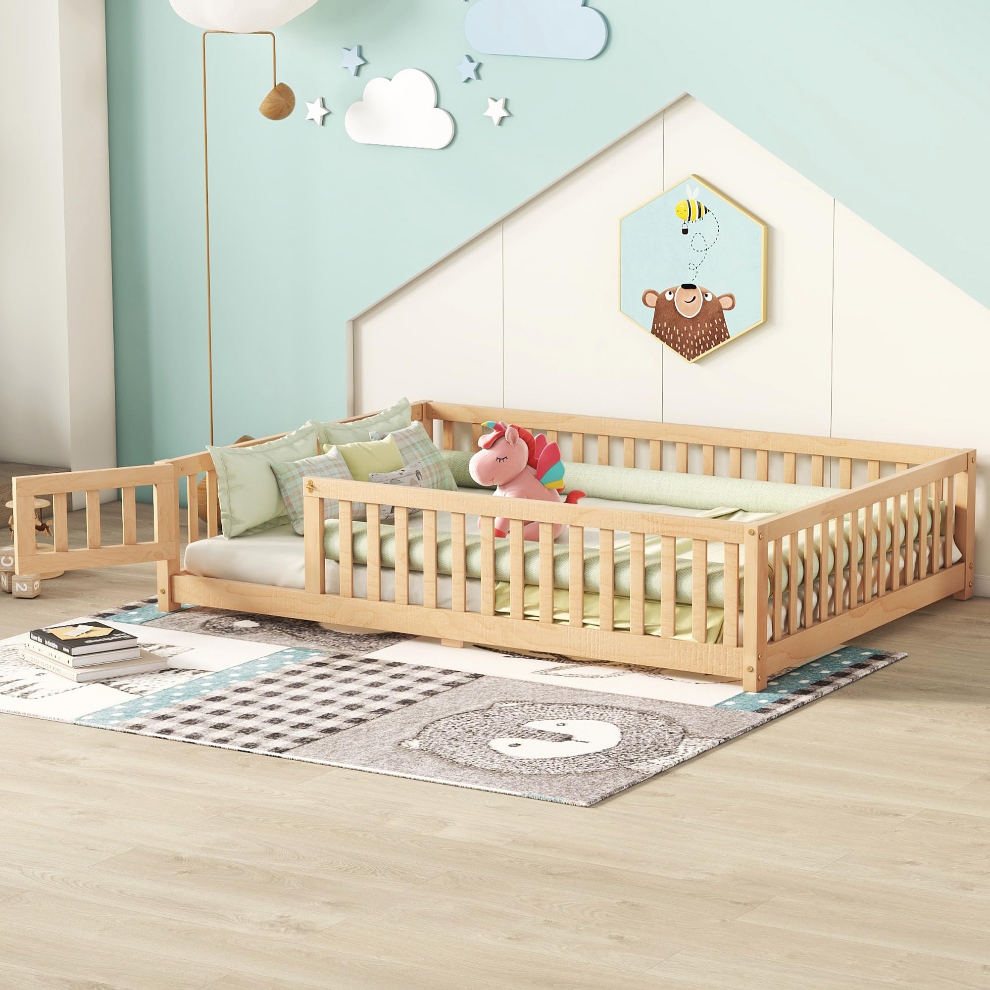 Photo 1 of Full Size Floor Bed with Slats and Center Support Bar, Full Size Floor Bed with Fence and Door, Natural