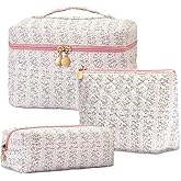 Teiniuby 3Pcs Quilted Pink Floral Makeup Bag Cosmetic Bag for Women Teen Girls,Cute Flowers Make Up Bags,Aesthetic Large Cotton Cosmetic Pouch,Flower Coquette Travel Toiletry Organizer Storage Bag