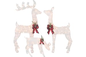 TOP TREASURES 3-Piece White Fabric Reindeer Family - Lighted Deer Set - 210 Lights 52" Buck 44" Doe 28" Fawn - Large Deer Family for Indoor or Outdoor Christmas Decorations Yard Art
