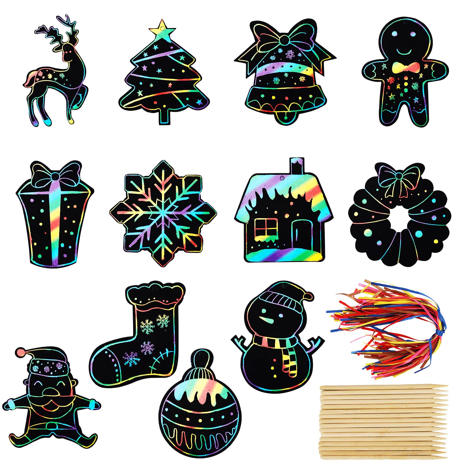 Gosknor 96pcs Christmas Scratch Papers, Christmas Rainbow Magic Scratch Cards Ornaments Christmas Tree Snowman Scratch Creative DIY Party Hanging Craft Art Kits for Kids Classroom Tree Decor (Style B)