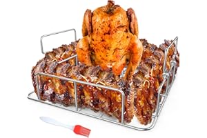 RUSFOL Beercan Chicken Roaster and Rib Rack with a Silicone Oil Brush, Square Stainless Steel BBQ Stand for Smoker,Oven and Grill, Cook Up to 4 Ribs and a Whole Chicken at a time